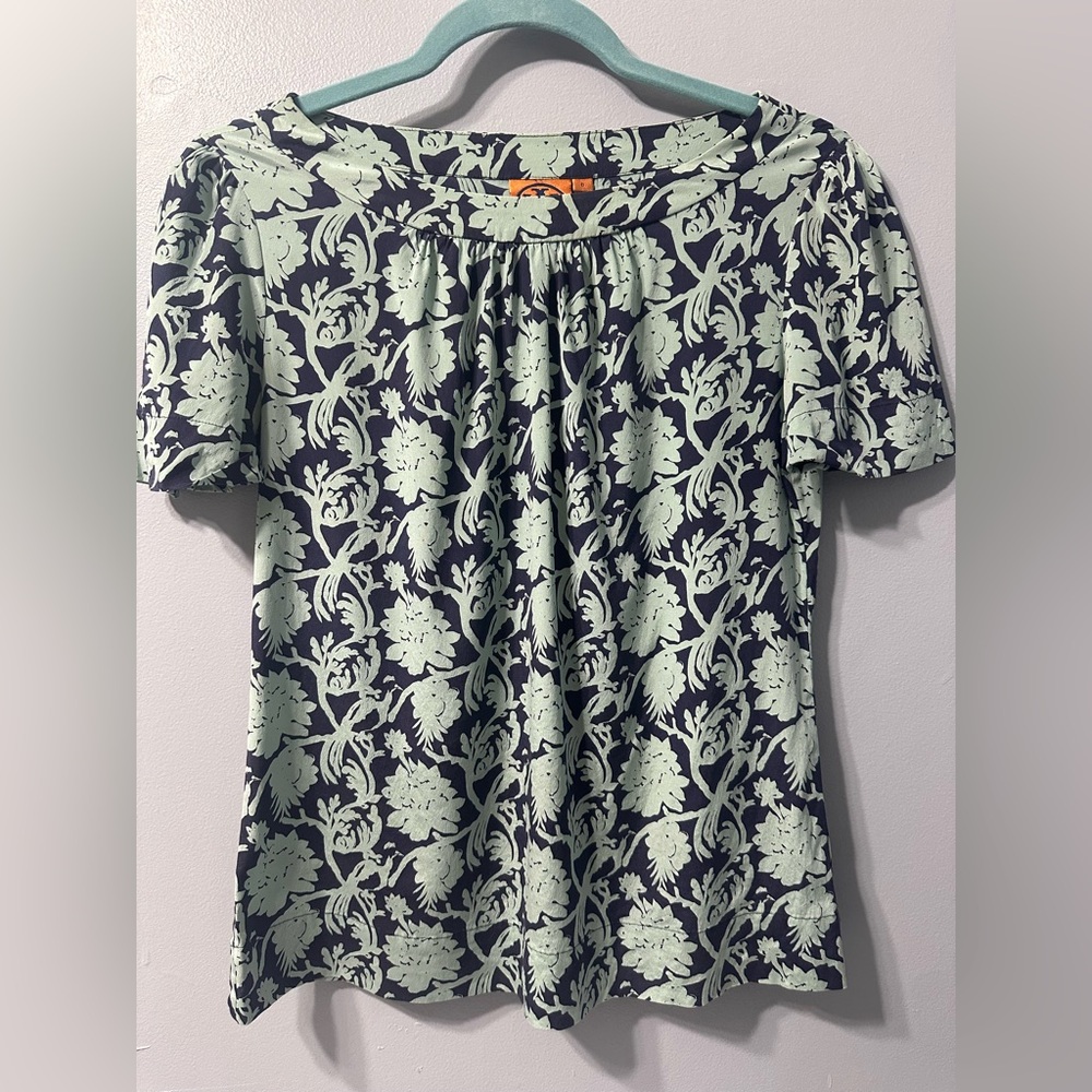 TORY BURCH Resort Collection Silk‎ Floral Blouse Top Blue Green Women’s Size 0